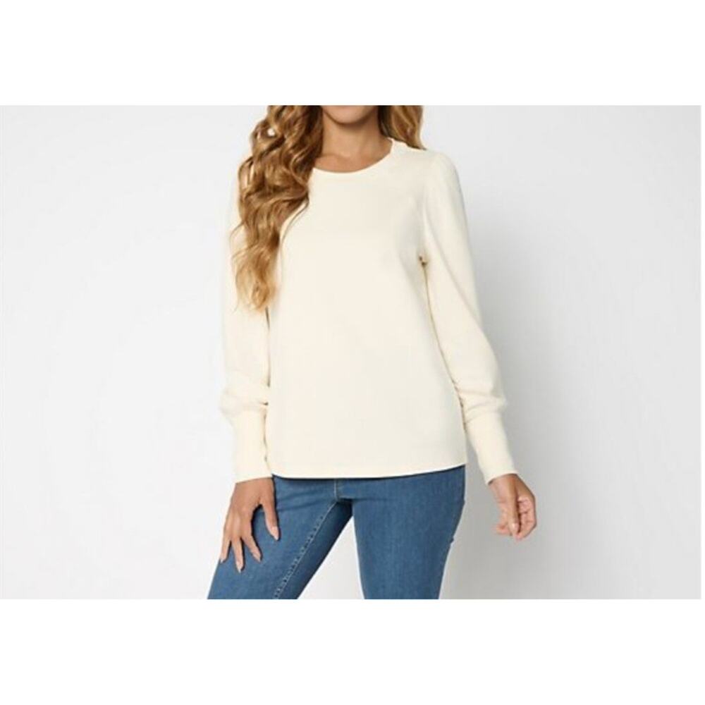 Studio Park Cream Size M Puff Sleeve Baseball Tee Shirt Top A702820 NWOT